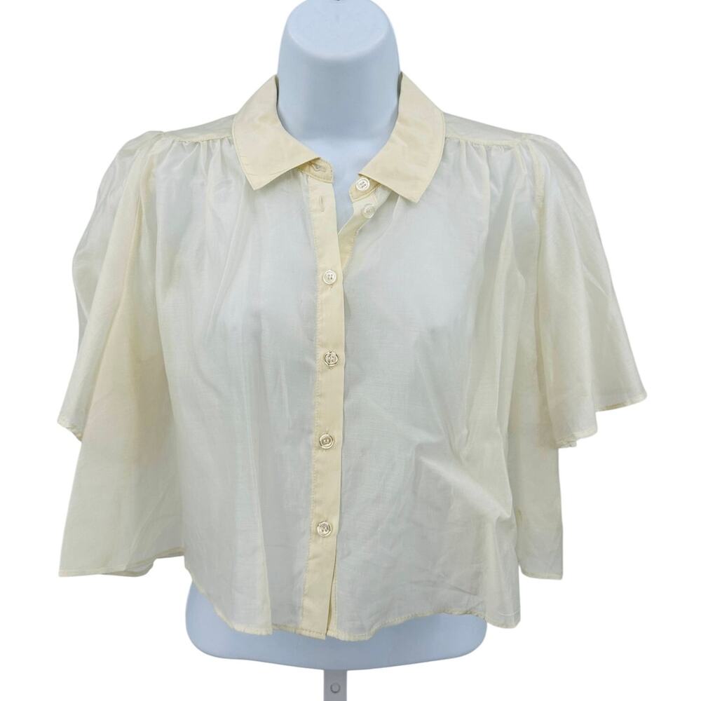 House of Harlow 1960 Beda Crop Top XS Cream Button Up Flowy Sheer Short Sleeve
